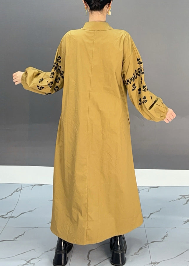 Yellow Peter Pan Collar Print Button Long Dress Spring