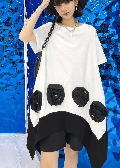 White Patchwork Asymmetrical Design Summer Cotton Mini Dress