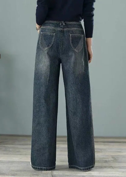 Loose Denim Blue High Waist Pockets Cotton Wide Leg Pants for Spring