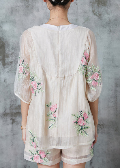 White Embroidered Silk Oriental Two Pieces Set Summer