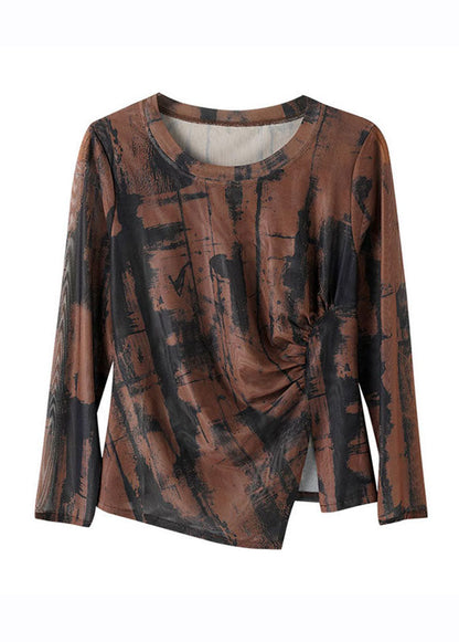 Coffee Print Asymmetrical Wrinkled Top Long Sleeve