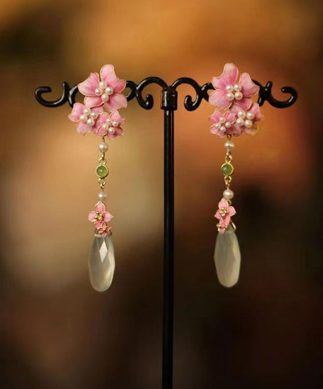 Chinese Style Pink Sterling Silver Overgild Tassel Drop Earrings
