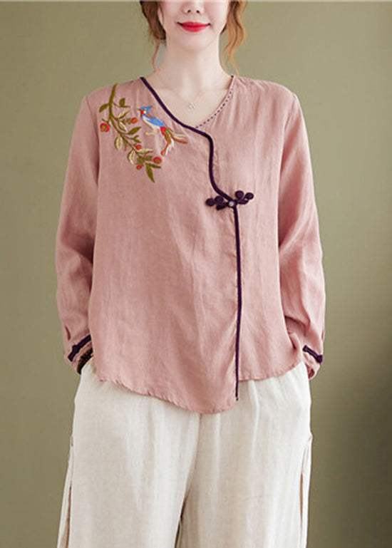 Pink Embroideried Asymmetrical Design Patchwork Top Long Sleeve