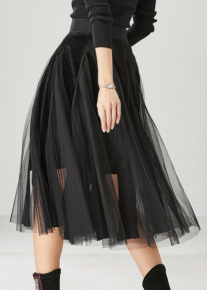 Black High Waist Patchwork Tulle Velour Dress Spring