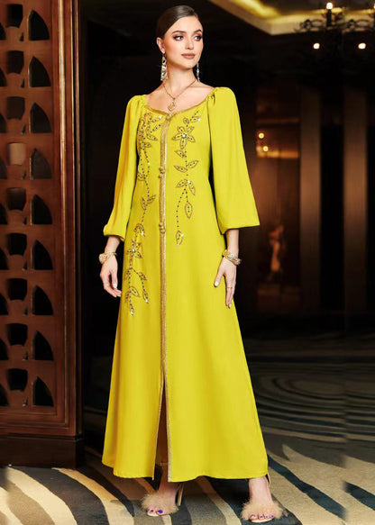 Diy Yellow Patchwork Beaded Light Silk Dress Fall