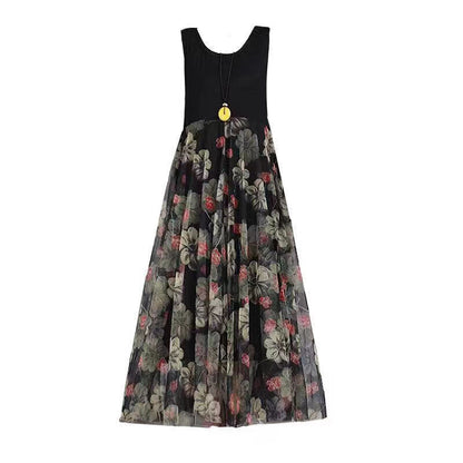 Black Print Patchwork Lace Summer Party Dress