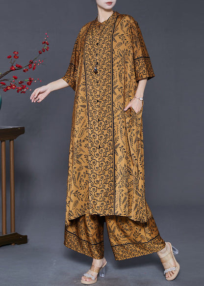 Brown Oversized Print Silk Two Pieces Set Summer