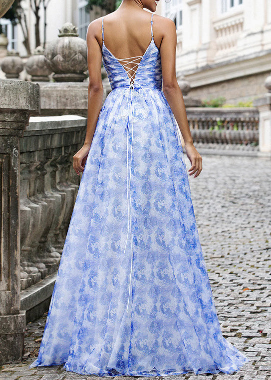 Blue Print Lace Up Chiffon Spaghetti Strap Dress Sleeveless