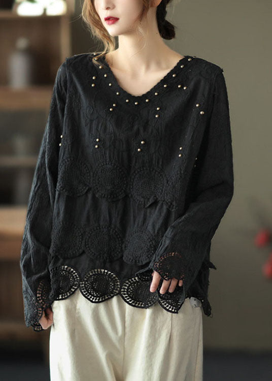 Classy Black V Neck Nail Bead Fall Tops Long Sleeve