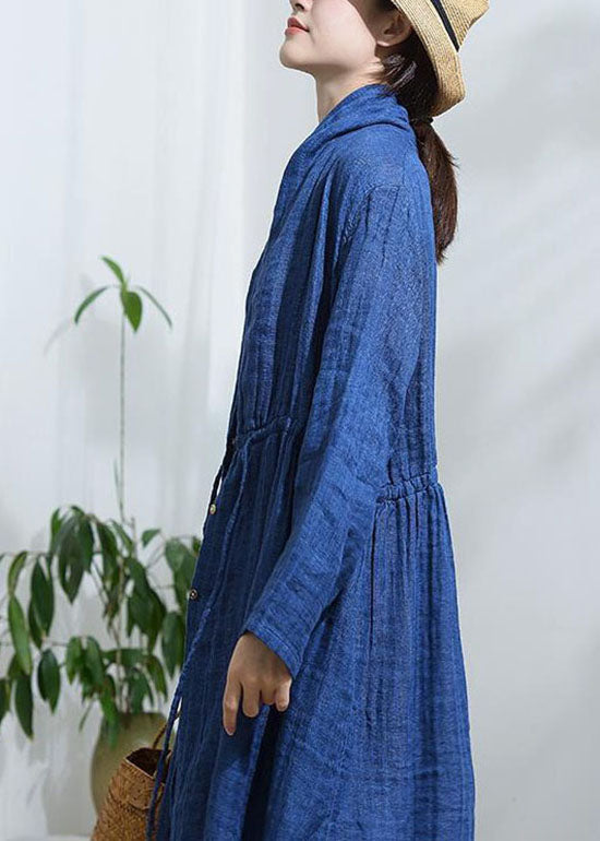 Blue Bow Button Drawstring Trench Coats Long Sleeve