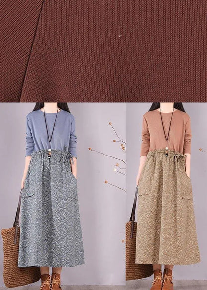Handmade Khaki Patchwork Print Tunics for O Neck Spring Dress