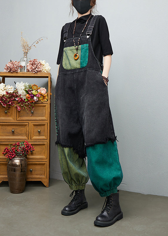 Black Asymmetrical Pocket Cotton Denim Jumpsuit Spring
