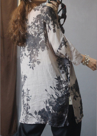 Art Grey V Neck Button Side Open Pockets Print Linen Shirt Top Summer