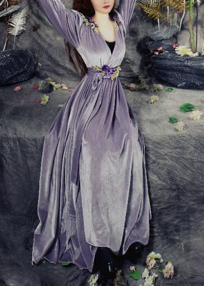 Purple V Neck Applique Tie Waist Silk Velour Maxi Dresses Spring