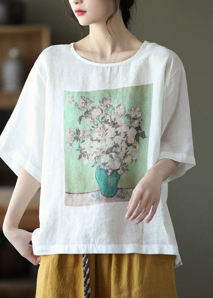 White O-neck Print Linen T Shirt Half Sleeve