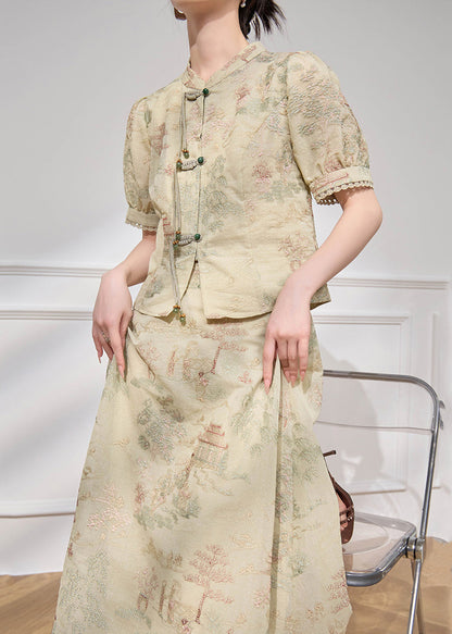 Jacquard Light Green Button Tops and Skirts Two Pieces Set Summer