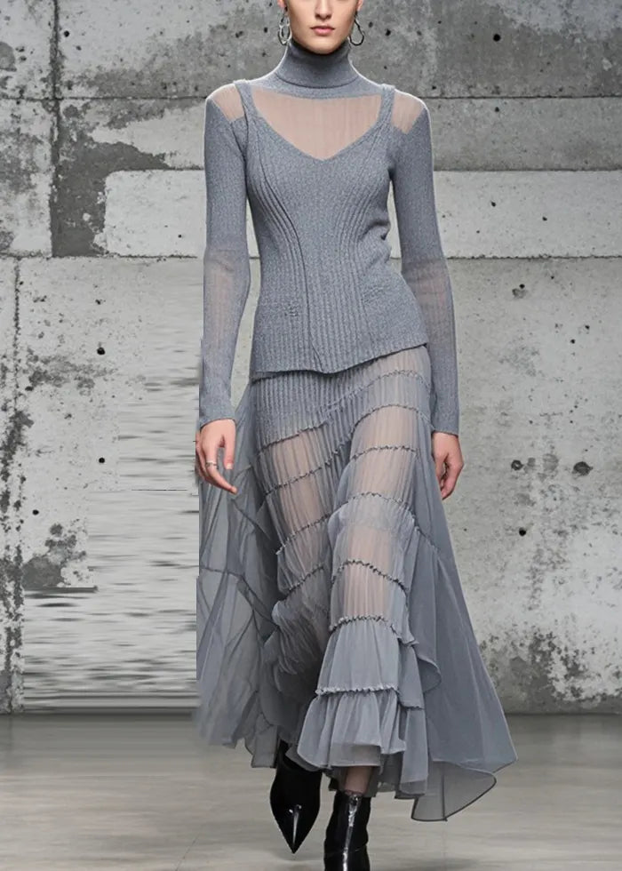 Grey High Neck Patchwork Exra Large Hem Knit Long Dress Fall