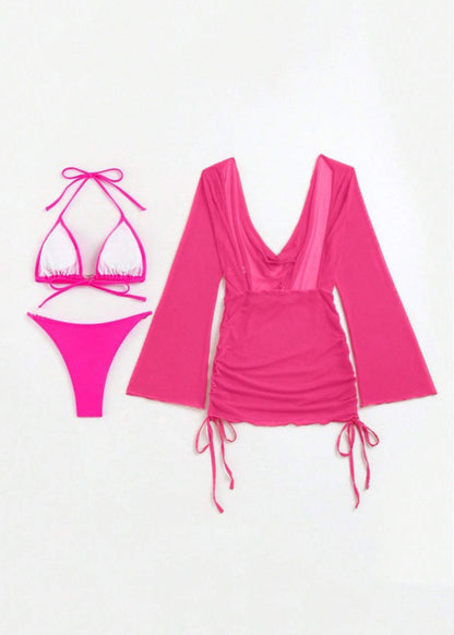 Hot Orange V-neck Halter Backless Drawstring Chiffon Swimwear Three Pieces Sets