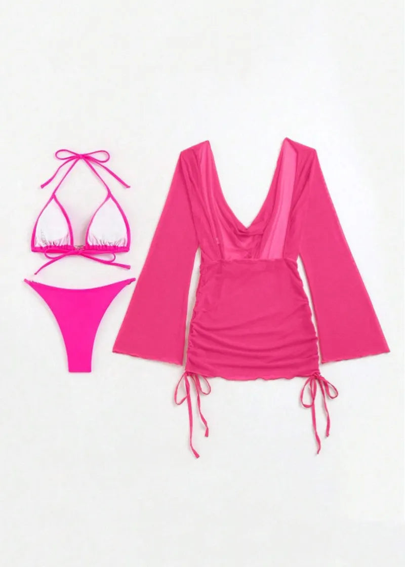 Hot Orange V-neck Halter Backless Drawstring Chiffon Swimwear Three Pieces Sets