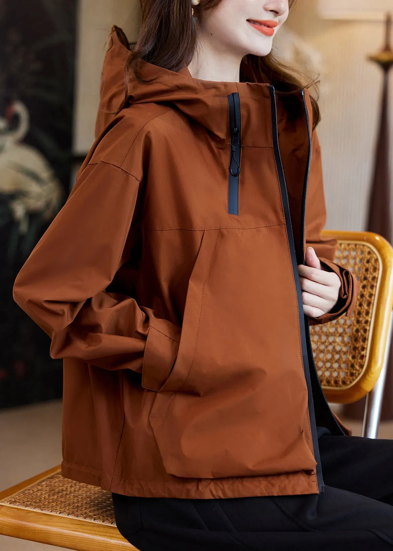 Caramel Zippered Patchwork Hooded Coats Fall