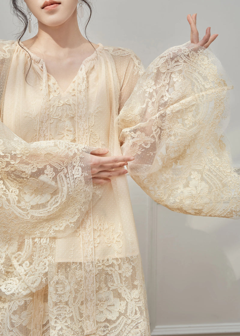 Boutique Apricot V Neck Lace Top and Skirts Set Spring