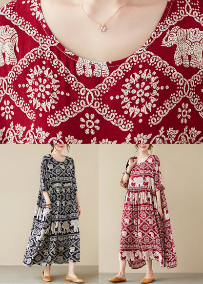 Loose Black O-neck Print Maxi Cotton Dress Half Sleeve Summer