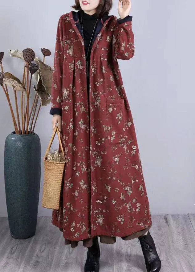 Red Print Pockets Patchwork Warm Fleece Hooded Coat Winter