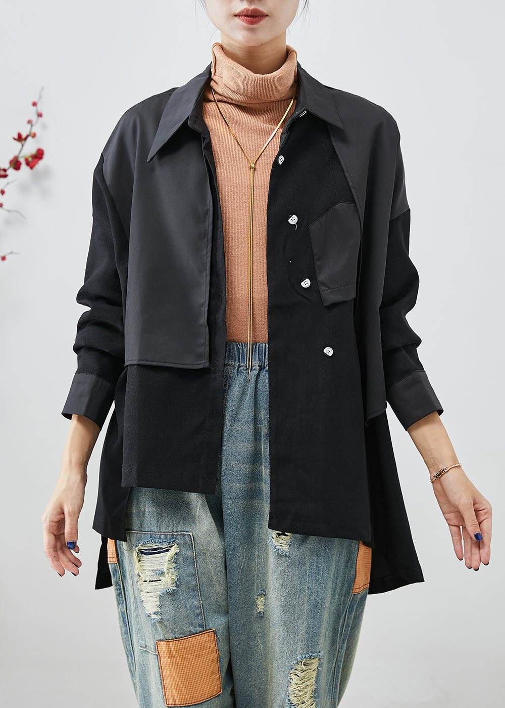Black Asymmetrical Patchwork Back Open Cotton Jackets Fall