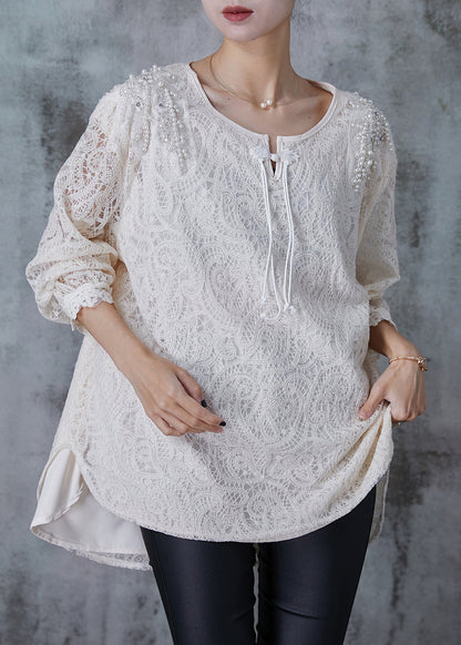 White Nail Bead Chinese Button Lace Top Summer