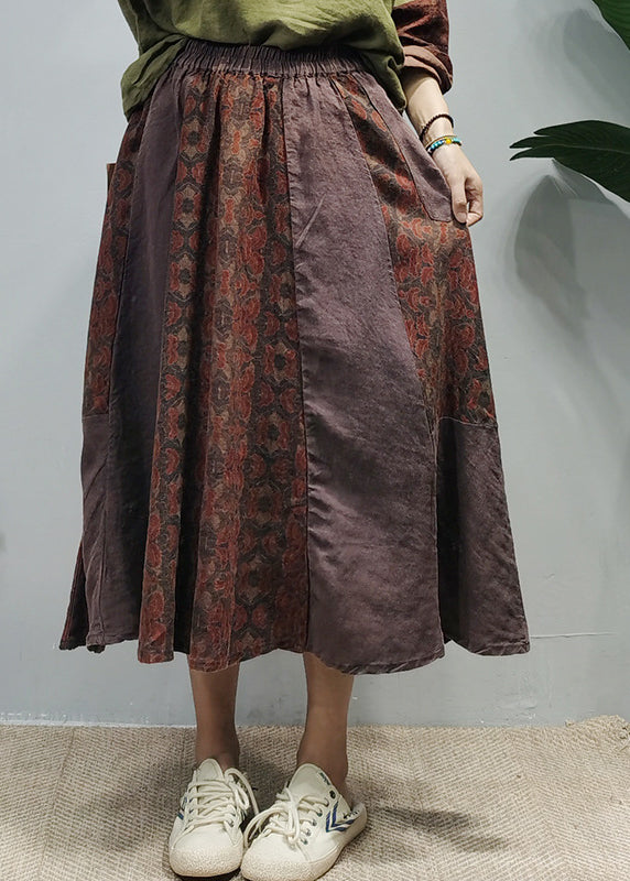 Green Elastic Waist Pockets Print Patchwork Linen Skirts Spring