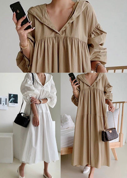 Coffee Hooded Exra Large Hem Cotton Holiday Dress Fall