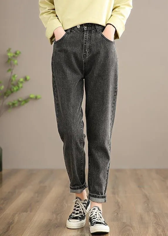Classy Denim Black Pants Spring Elastic Waist Photography Wild Trousers