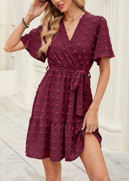 Italian Mulberry V Neck Jacquard Lace Up Cotton Dresses Summer