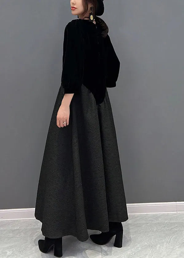 Fine Black O-neck Asymmetrical Patchwork Silk Velour Dress Fall