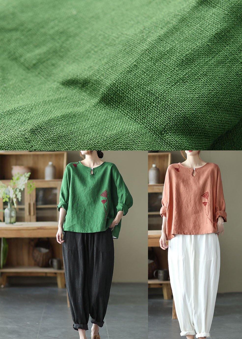 Fine Pink Oriental Retro O-neck Fall Linen Long Sleeve Blouse Tops