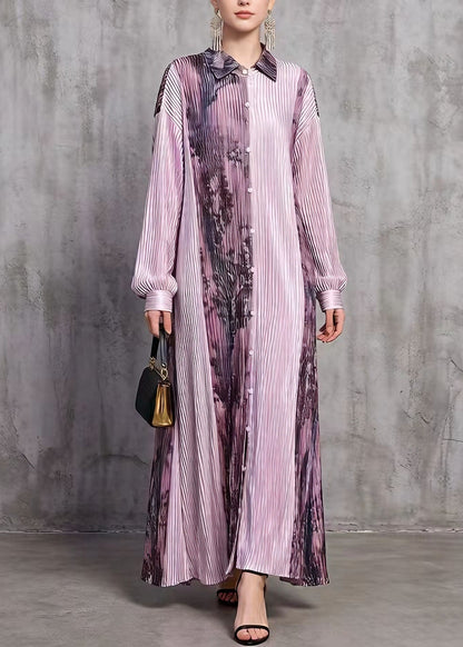 Stylish Purple Peter Pan Collar Print Wrinkled Silk Long Dresses Spring