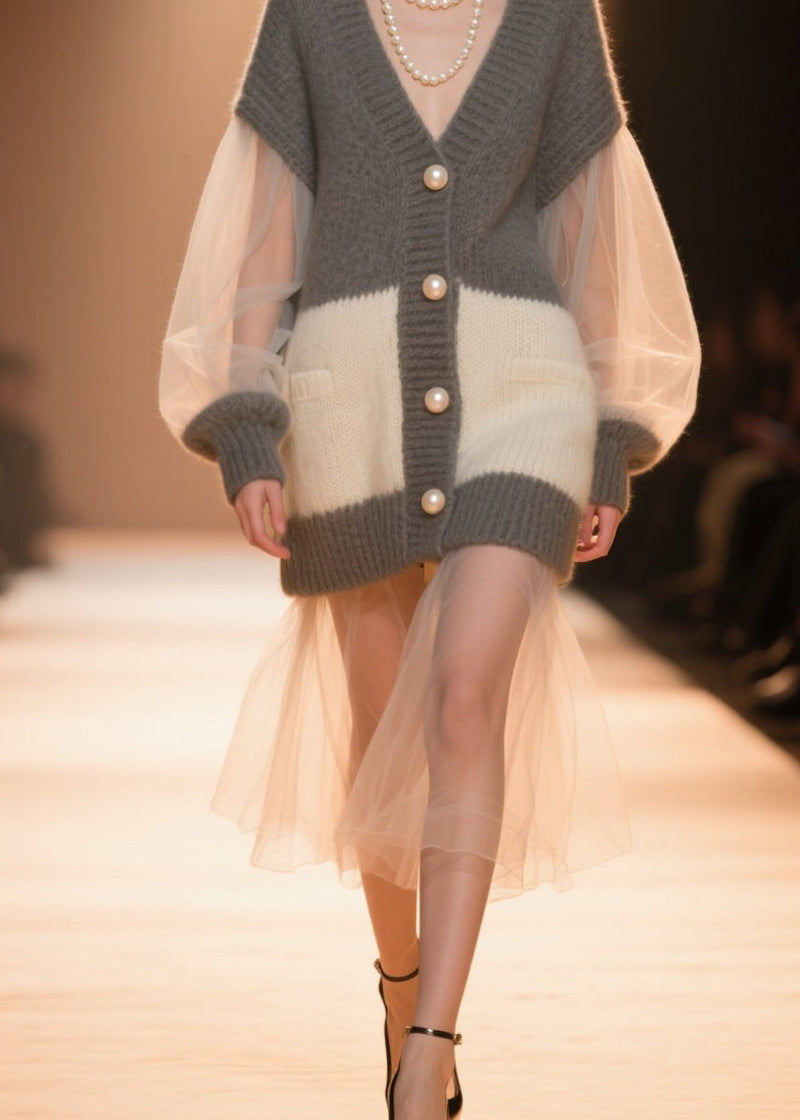 Colorblock V Neck Tulle Patchwork Knit Cardigans Fall