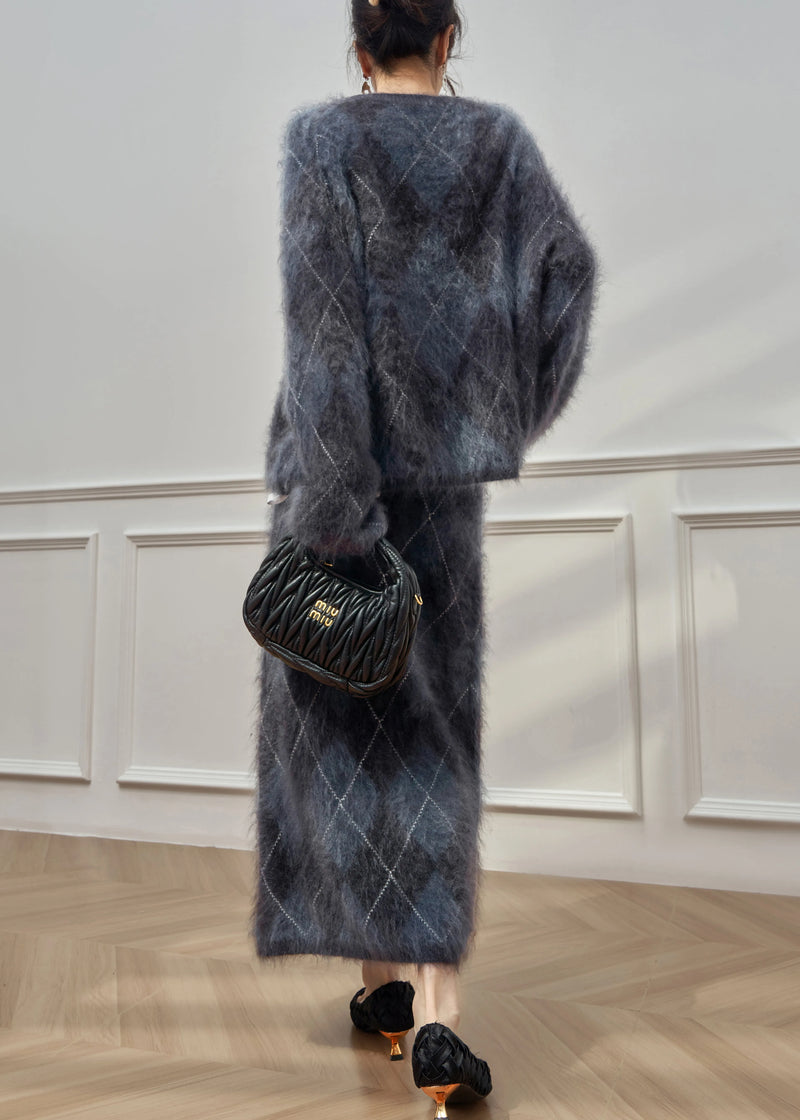 Plaid O Neck Cweaters and Skirts Ma Hai Mao Two Pieces Set Winter