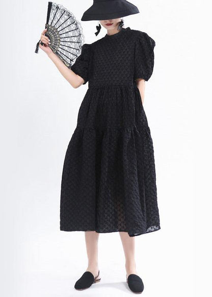 Simple Black Patchwork Puff Sleeve Summer Cotton Long Dresses