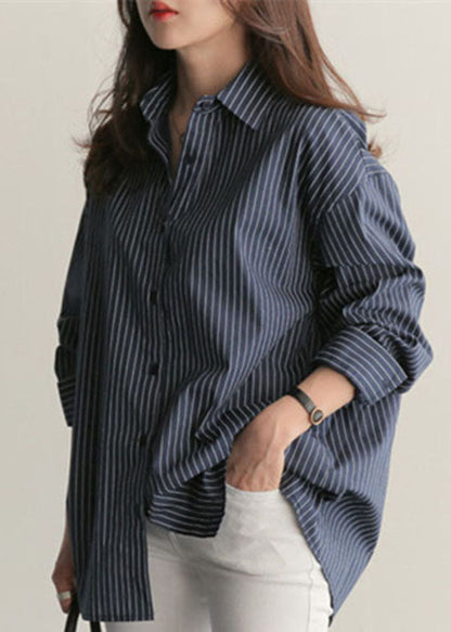 Blue Peter Pan Collar Striped Cotton Shirts Top Spring