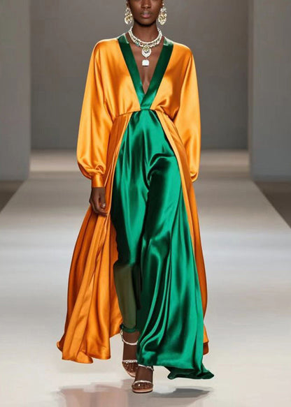 Yellow V Neck Patchwork Silk Fake Two Piece Long Dress Fall