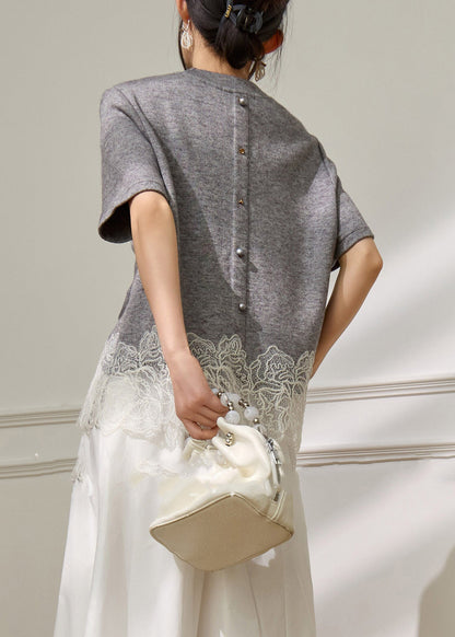 Grey Lace Patchwork Top Short Sleeve