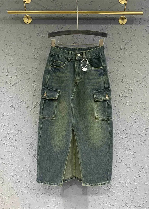 Style Blue Front Open Pockets Patchwork Denim Skirts Spring
