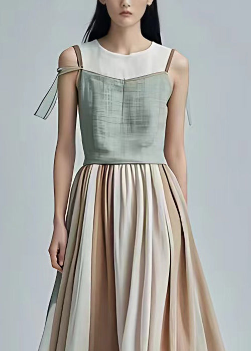 Blue Wrinkled Pockets Cotton Long Dress Sleeveless