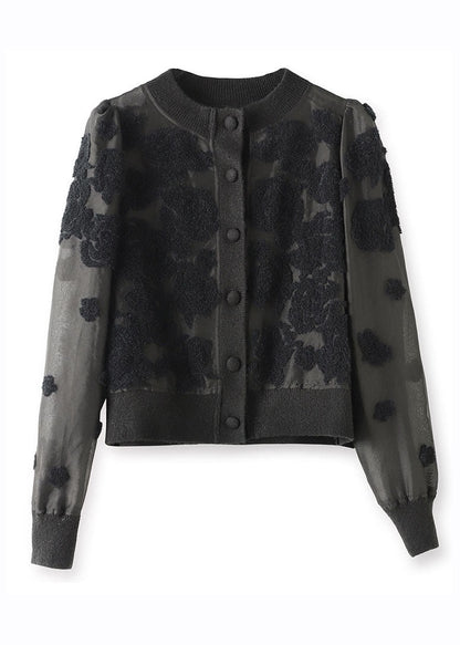French Black O-neck Button Silk Wool Patchwork Knit Coat Long Sleeve