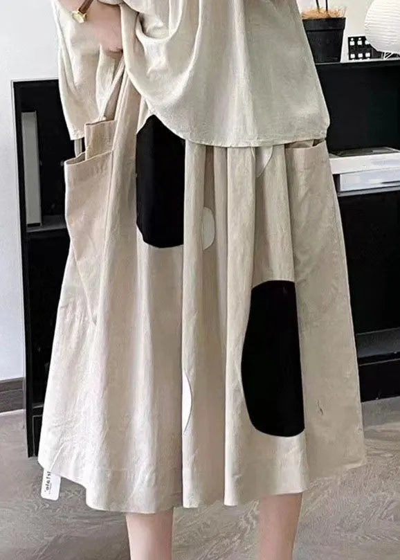 Handmade Khaki Dot Pockets Elastic Waist a Line Skirt Summer