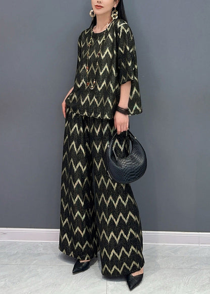 Black Gold O-neck Print and Wide Leg Pants T Shirt Two Pieces Set Short Sleeve