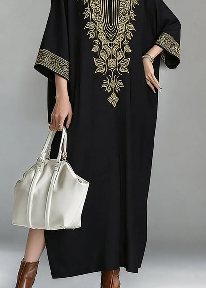Loose Black V Neck Embroidered Maxi Dress Spring