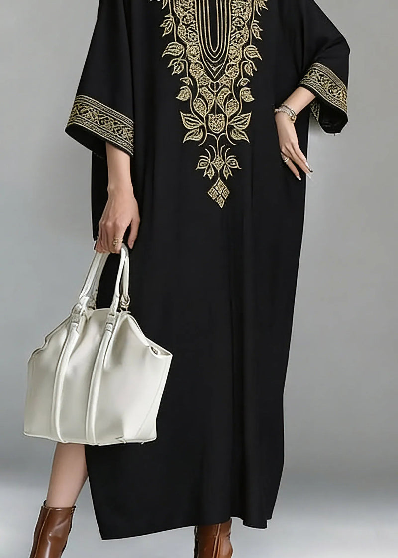 Loose Black V Neck Embroidered Maxi Dress Spring
