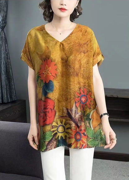 Yellow Print Side Open Patchwork Silk T Shirt Short Sleeve